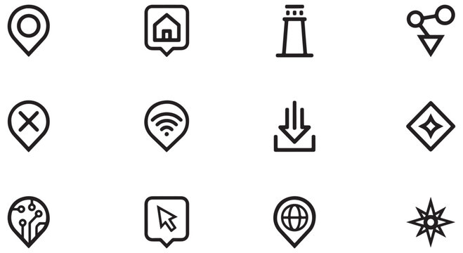 Collection of map location and navigation pins icons on white background vector.