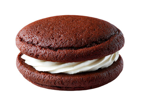Chocolate whoopie pie with creamy vanilla filling, soft cake-like cookies, isolated on a white background.