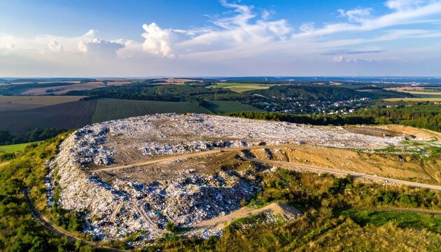 Large Rural Landfill Spreading Across Green Countryside Under Blue Sky