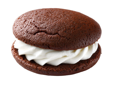 Chocolate whoopie pie with fluffy vanilla cream filling between soft cake-like cookies, isolated on a white background.