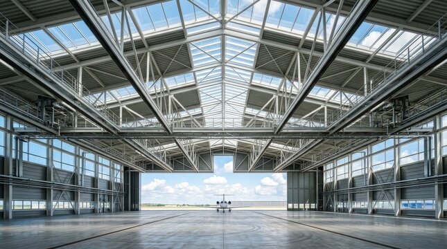 Empty Modern Aircraft Hangar Interior With Large Open Doors.