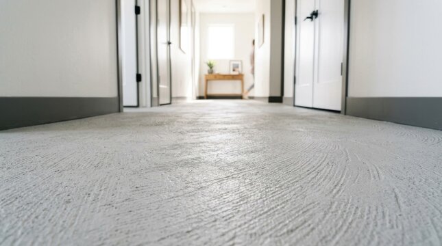 Modern Interior Hallway with Gray Textured Flooring and White Doors.