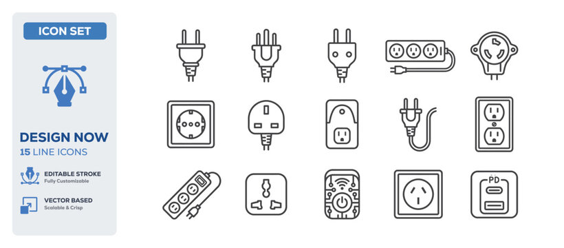 flat vector illustration line art icon bundle set design illustrating electrical plug sockets power cable connections electronic adapters and energy wire technologies UI
