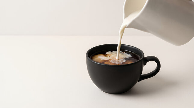 Creamer poured into black coffee, cozy atmosphere, minimalistic background, copy space