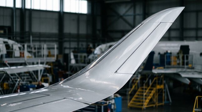 Close up of a sleek metal airplane wing inside a hangar.
