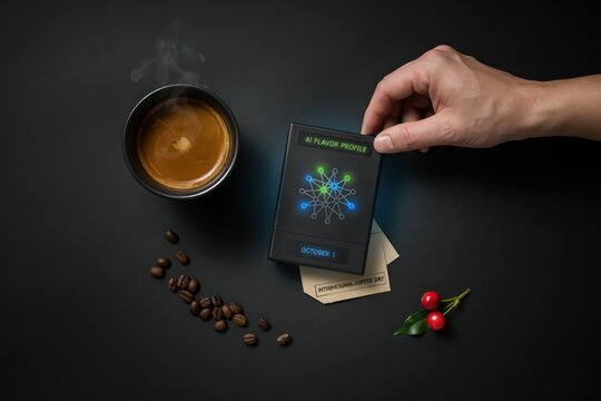 Hand holding AI flavor profile card next to hot coffee cup and roasted beans on dark background flat lay top view