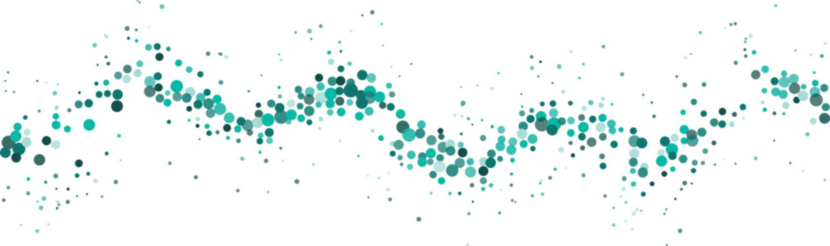 Teal blue particles forming a fluid wave against a clean white backdrop symbolizing growth and movement