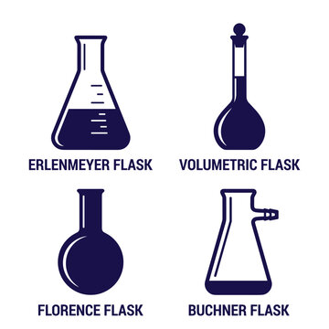 Set of four simple dark blue vector silhouettes of laboratory flasks.