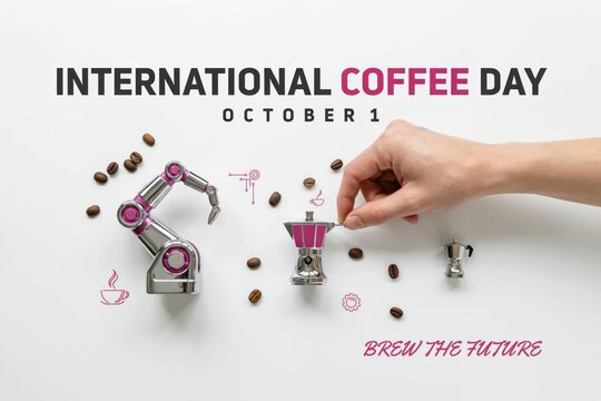Human hand and robotic arm preparing coffee with miniature moka pot on white background