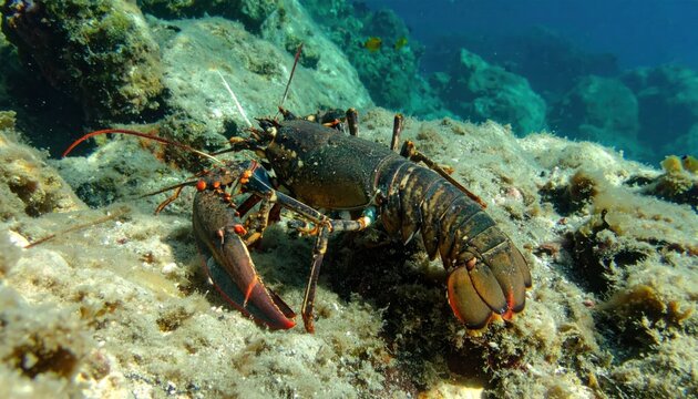 Large Spiny Lobster Resting on Rocky Seafloor in Clear Blue Underwater Reef