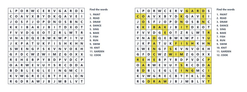 Word search puzzle grid with highlighted words and solution  