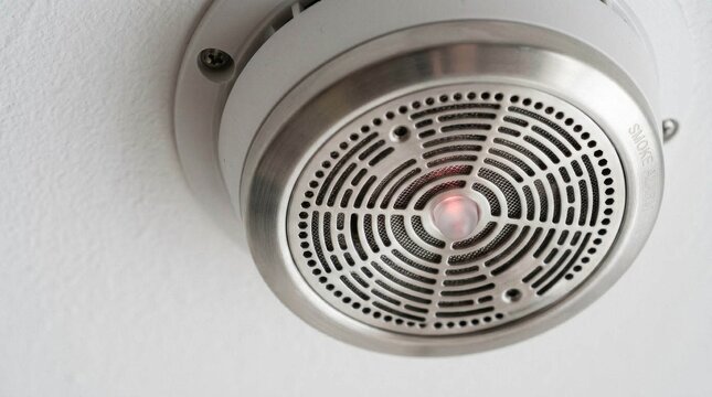 Industrial ceiling smoke detector with glowing red indicator light.