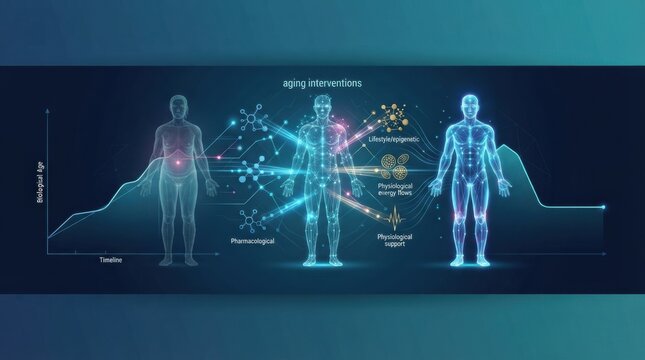 Visual representation of aging interventions showing biological data and physiological support for healthy aging and life extension strategies