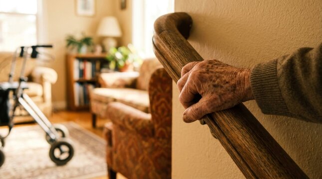 Elderly Person Hand Holding Handrail for Support in Living Room.