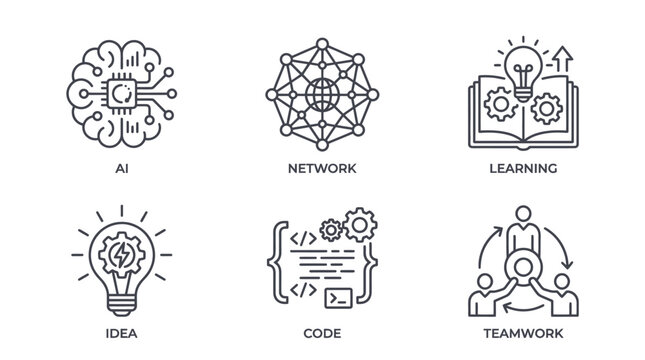 Modern technology and business concept icons minimalist outline vector set 