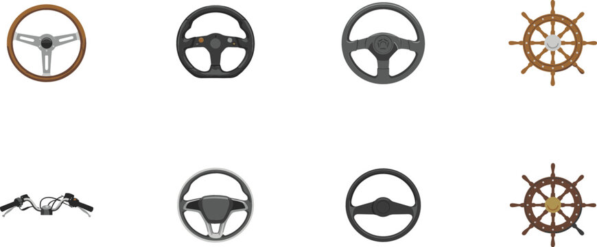 Steering wheel icon set with car handlebars ship wheel and driving control equipment flat vector collection