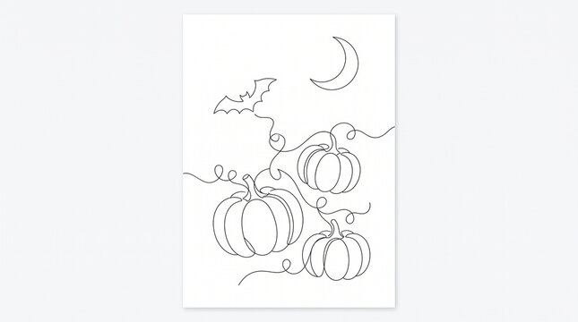 Continuous Line Art Halloween Pumpkins with Flying Bat and Crescent Moon Minimalist Autumn Wall Art Vector Illustration