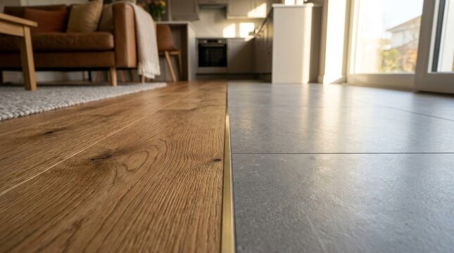 Modern Interior Flooring Transition Between Wood Laminate and Grey Ceramic Tiles.