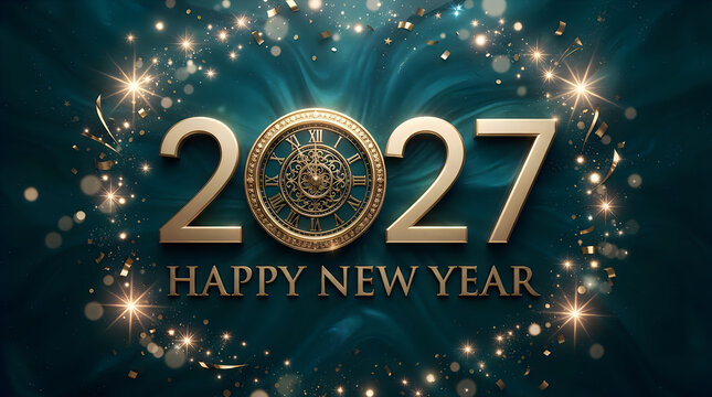 Happy new year 2027 greeting card with golden numbers and a vintage clock on dark green background