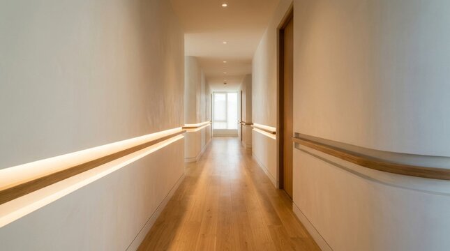 Modern minimalist hallway interior with warm wooden flooring and soft integrated LED wall lighting.