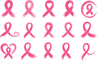 Obraz premium Pink breast cancer awareness ribbon icon collection, hand painted brush designs, isolated support symbols, for healthcare campaigns and educational materials, vector illustration