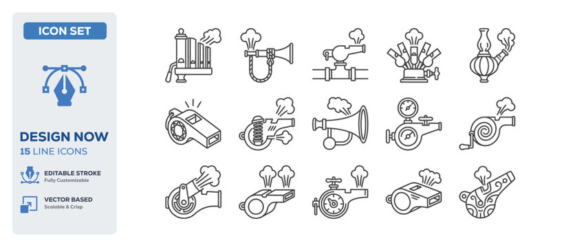flat vector illustration line art icon bundle set design representing sports referee tools safety whistles coaching equipments blowing games and athletic matches UI apps
