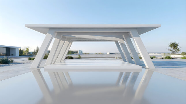 Modern white outdoor bar structure with a minimalist design near a sunny resort swimming pool