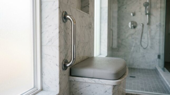 Modern Accessible Shower with Safety Grab Bar and Padded Seat.