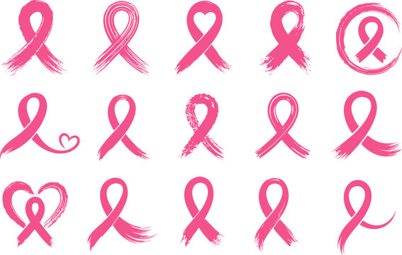 Pink breast cancer awareness ribbon icon collection, hand painted brush designs, isolated support symbols, for healthcare campaigns and educational materials, vector illustration