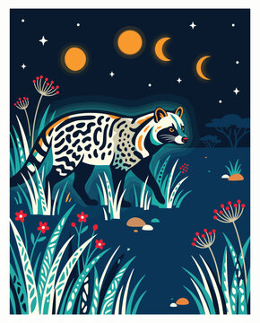 Spotted civet cat walks through tall grass at night animal wildlife