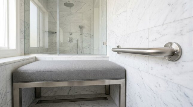 Modern luxury shower interior with marble walls and a built in bench seat.