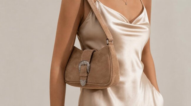 Stylish Woman Wearing Silk Slip Dress with Brown Suede Shoulder Bag.