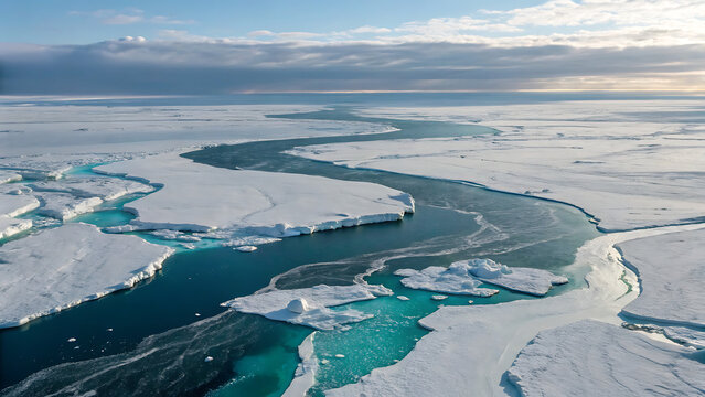 Aerial view of vast polar ice landscape with melting glaciers. Stunning Arctic tundra scenery from above showcasing frozen rivers and snow-covered...