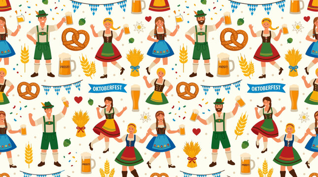 Seamless pattern of dancing men and women in dirndl and lederhosen with beer mugs pretzels and wheat, colorful Oktoberfest festival background design