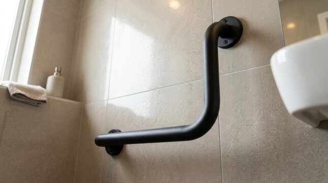 Modern black grab bar installed on tiled bathroom wall for accessibility and safety.