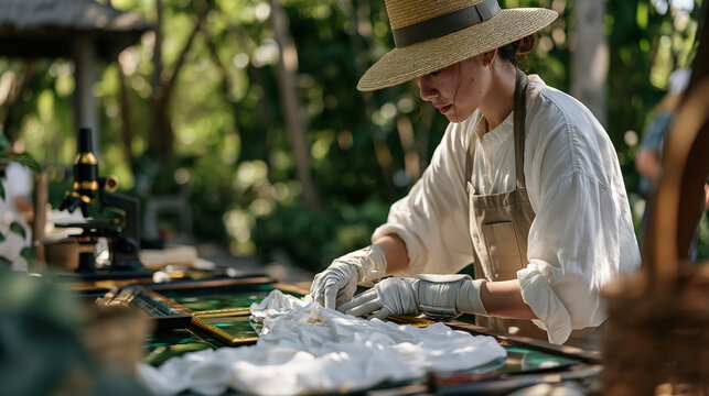 A milliner works alone at an outdoor workbench under harsh midday sun, pressing structured hat frames despite visible fatigue and wrist braces beneath her gloves, invisible pain written in her caref