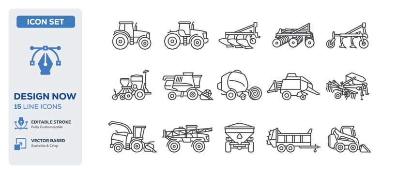 flat vector illustration line art icon bundle set design depicting heavy agriculture tractors farming vehicles plowing machines field harvest crops and rural transport UI