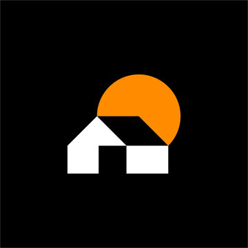 Futuristic geometric house logo with a negative space doorway and vibrant sun gradient. Unique, elegant mark perfect for eco-housing, real estate, solar power, and urban development.