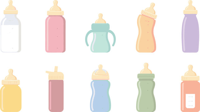 Baby bottle vector icon set featuring colorful feeding bottles milk sippy cups and newborn nursing graphic designs