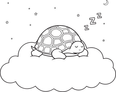 Cute turtle sleeping on a fluffy cloud. Adorable tortoise resting in a dreamy sky illustration.