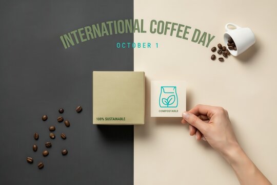 A celebratory graphic for International Coffee Day, showcasing coffee beans and a clean design on October 1.