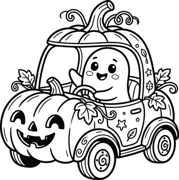 Cute ghost driving a carved pumpkin car for a fun halloween celebration in a black and white silhouette