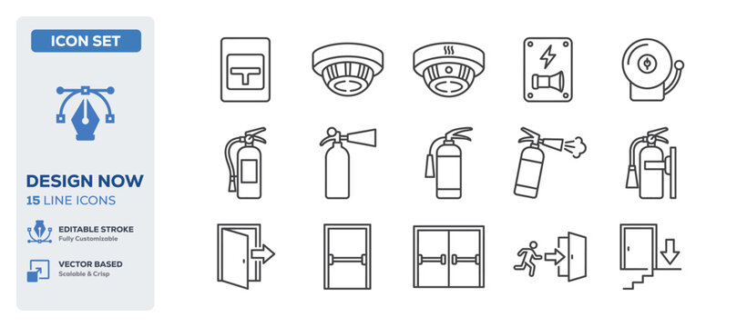 flat vector illustration line art icon bundle set design showcasing fire safety extinguishers emergency hazard alarm danger firebells security protection warnings UI app