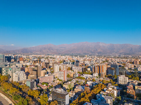 Aerial view of Santiago city skyline with Andes mountains in the background, Chile