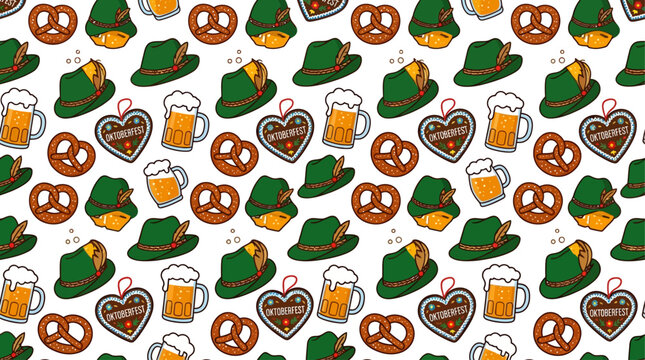 Seamless Oktoberfest pattern featuring beer mugs, pretzels, Bavarian hats and hops, flat cartoon style, perfect for festival backgrounds and packaging design