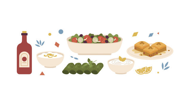 Assortment of traditional Mediterranean dishes including fresh Greek salad, stuffed vine leaves, creamy dips, sweet baklava, and wine.