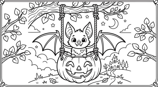 Cute cartoon bat sitting in a hanging jack o lantern pumpkin for a halloween coloring page silhouette