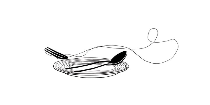 Fork spoon and plate silhouette against a white background a minimalist tableware composition