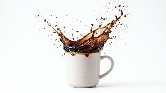 Dynamic splash of dark brown coffee erupting from a simple white ceramic mug against a clean white background.
