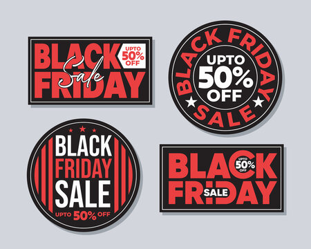 Black Friday sale badges and sticker set. 50% off discount labels vector illustration. Promotional typography banner template for shopping season offers. Business marketing tags collections.